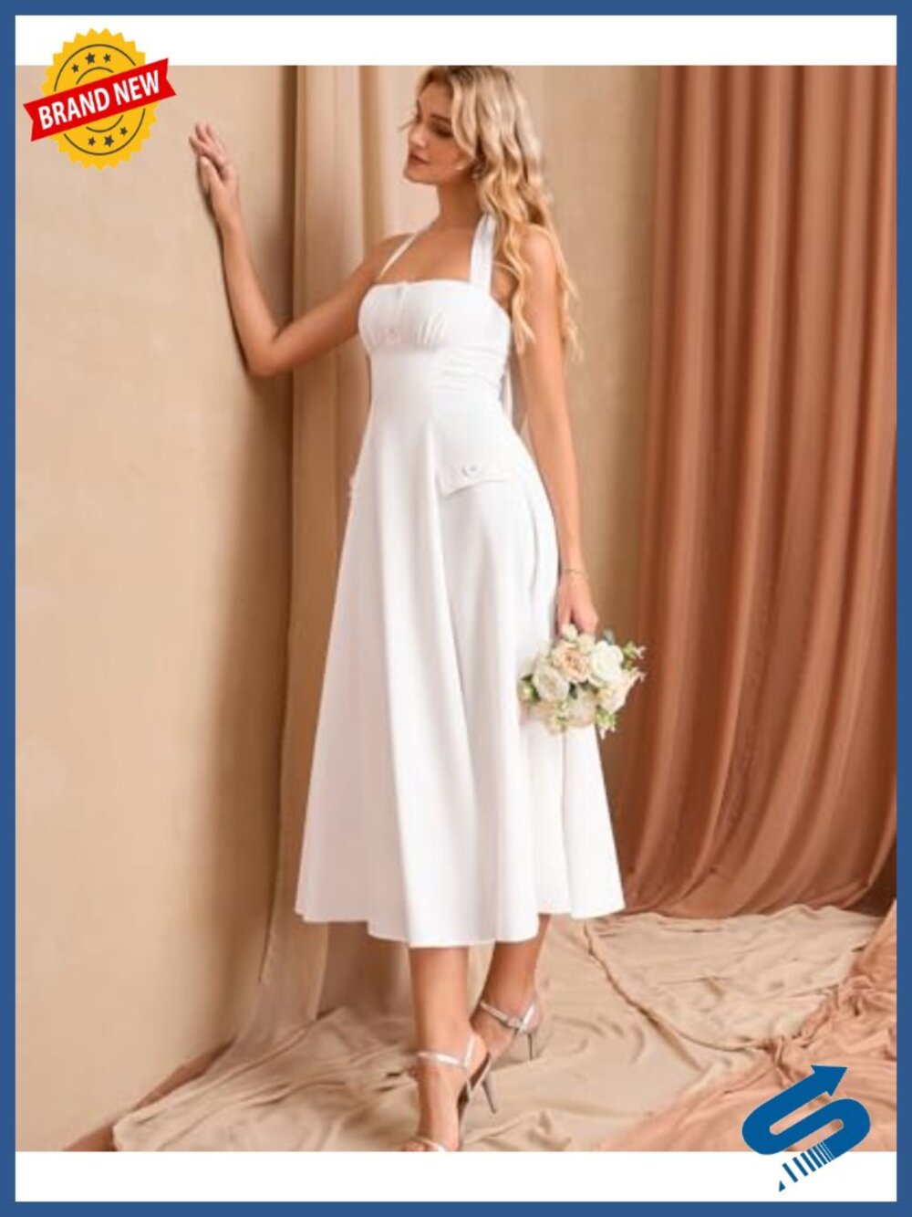 Flowy Floral Halter Corset Midi Dress Summer A-Line Wedding Guest - Picture 4 of 6